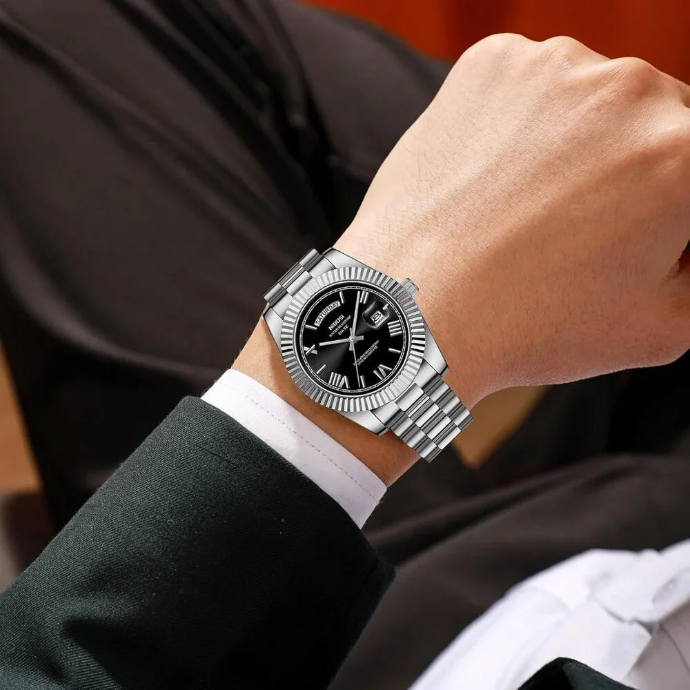 Men's Silver Black Stain Steel Analog Classic Design Stylish Wrist Dress Watch